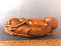 Large Antique Intricately Carved Japanese Boxwood Netsuke Depicting Lady with a Giant Squid - 2 Character Signature to Base - 5