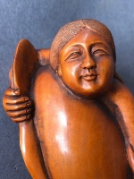 Large Antique Intricately Carved Japanese Boxwood Netsuke Depicting Lady with a Giant Squid - 2 Character Signature to Base - 7