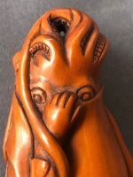 Large Antique Intricately Carved Japanese Boxwood Netsuke Depicting Lady with a Giant Squid - 2 Character Signature to Base - 8