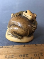 Vintage Japanese Carved Ivory Netsuke Depicting 2 Frogs on a Rock Beaded Eyes and Painted Finish. 2 Character Signature at Base - 2