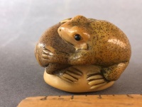 Vintage Japanese Carved Ivory Netsuke Depicting 2 Frogs on a Rock Beaded Eyes and Painted Finish. 2 Character Signature at Base - 3