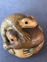 Vintage Japanese Carved Ivory Netsuke Depicting 2 Frogs on a Rock Beaded Eyes and Painted Finish. 2 Character Signature at Base - 7