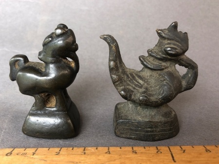 Vintage 20th Century Burmese Bronze Opium Weights - Crested Horse - 143g - Brahminy Duck - 161g