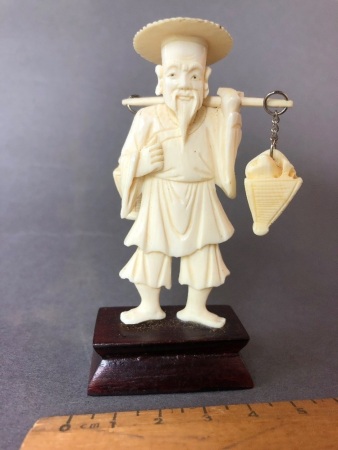 Vintage Carved Figure of Asian Man with 2 Baskets of Food on Wooden Plinth