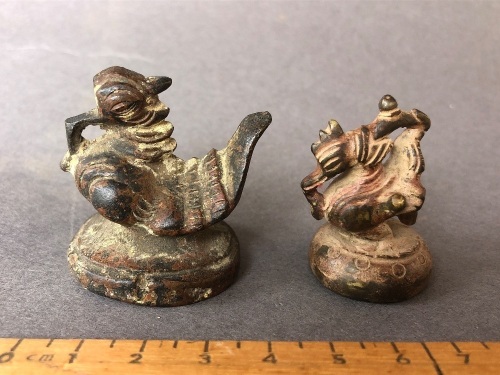 2 x Antique 19th Century Burmese Bronze Opium Weights in the Form of a Brahiminy Duck or Hinthra - 136g and 64g
