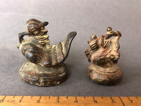 2 x Antique 19th Century Burmese Bronze Opium Weights in the Form of a Brahiminy Duck or Hinthra - 136g and 64g