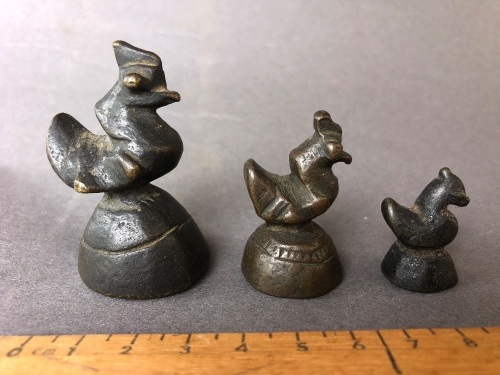 Set of 3 c1700-1800 Burmese Bronze Opium Weights in the Form of Chickens - Weights 163g - 82g - 30g