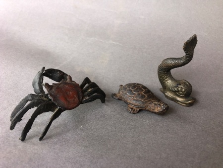 3 x Vintage Bronze Nautical Figures Depicting Crab, Turtle and Dolphin