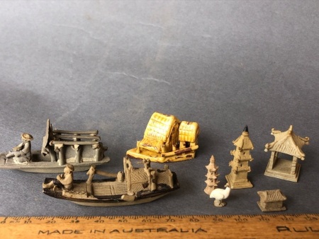 Collection of Vintage Intricate Miniature Asian Ceramic Models inc.Boats, Pagodas, People Etc