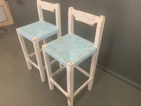 Pair of Shabby Painted Timber and Rush Seated Bar Stools