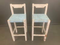 Pair of Shabby Painted Timber and Rush Seated Bar Stools - 2