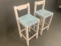 Pair of Shabby Painted Timber and Rush Seated Bar Stools - 3