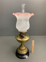 Antique Victorian Ceramic Based Kero Lamp with Brass Font - 3