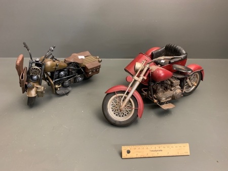 2 x Large Tinplate Motorcycles - 1 Military - 1 With Sidecar