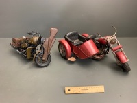 2 x Large Tinplate Motorcycles - 1 Military - 1 With Sidecar - 2