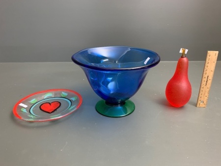 3 Pieces Art Glass - Australian Denizen Pear, Kosta Boda Signed Heart Plate, Orrefors Blue Green Bowl