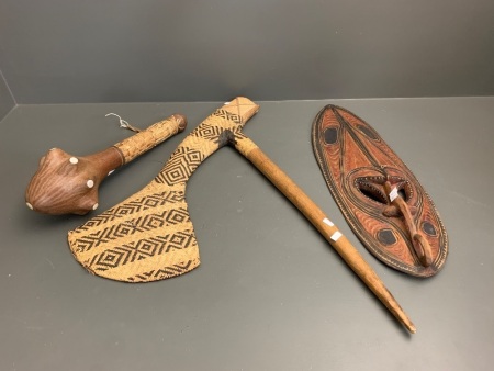 Tribal Club with MOP Inlay, Axe with Woven Cover and Carved Mask