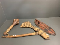 Tribal Club with MOP Inlay, Axe with Woven Cover and Carved Mask - 2