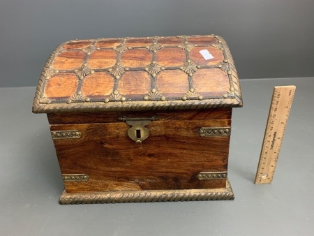 Indian Teak and Brass Domed Lid Trinket Box