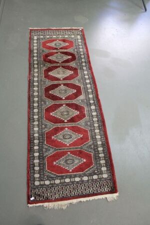 Vintage Hand Knotted Persian Wool Runner in Burgundy Geometric Design