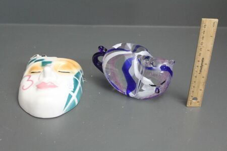Large Murano Style Cat Glass Peprweight + Venetian Style Ceramic Wall Mask