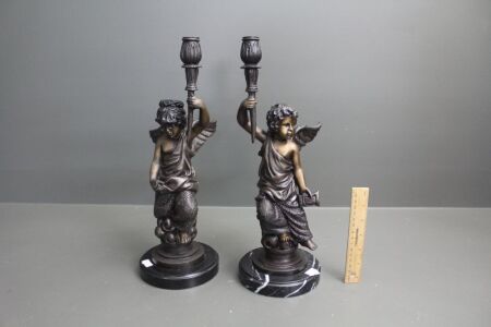 Pair of Heavy Contemporary Cast Bronzed Metal Cherubic Candleabra on Marble Bases