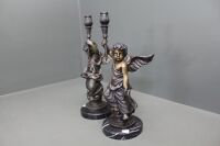 Pair of Heavy Contemporary Cast Bronzed Metal Cherubic Candleabra on Marble Bases - 2