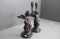 Pair of Heavy Contemporary Cast Bronzed Metal Cherubic Candleabra on Marble Bases - 3