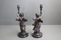 Pair of Heavy Contemporary Cast Bronzed Metal Cherubic Candleabra on Marble Bases - 4
