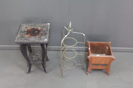 Asstd Lot of Small Vintage Carved Table, Timber Planter and Metal 3 Tier Stand