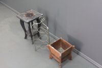 Asstd Lot of Small Vintage Carved Table, Timber Planter and Metal 3 Tier Stand - 2