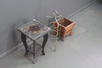 Asstd Lot of Small Vintage Carved Table, Timber Planter and Metal 3 Tier Stand - 3