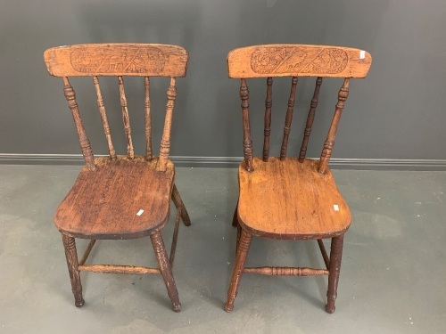 Pair of Antique Australian Spindle Back Kitchen Chairs with Pressed Timber Backrests with Kangaroo Motifs