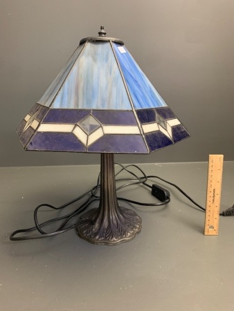 Blue Leadlight Table Lamp on Cast Metal Base