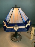 Blue Leadlight Table Lamp on Cast Metal Base - 3