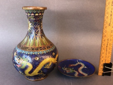 Antique Chinese Cloisonne Bulb Vase Depicting Dragons. Finely Decorated - As Is + Antique Dragon Pin Dish