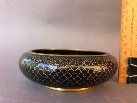 Chinese Cloisonne Bowl c1970's Black with Shou Character for Longevity