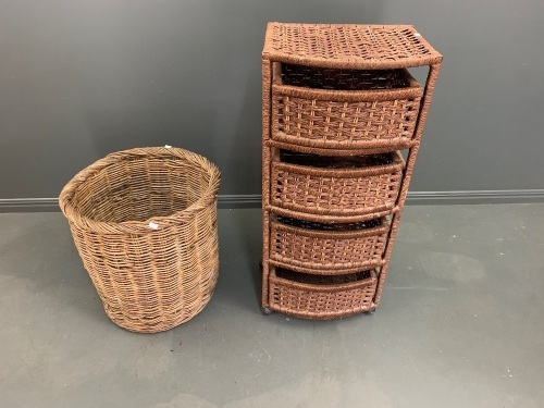 4 Drawer Basket Stand on Wheels + Wicker Basket