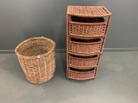 4 Drawer Basket Stand on Wheels + Wicker Basket