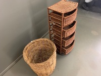 4 Drawer Basket Stand on Wheels + Wicker Basket - 3