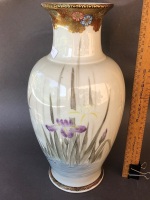 Vintage Hand Painted Asian Pottery Vase Depicting Orchids and Egrets - Signed to Base