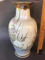 Vintage Hand Painted Asian Pottery Vase Depicting Orchids and Egrets - Signed to Base - 2