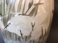 Vintage Hand Painted Asian Pottery Vase Depicting Orchids and Egrets - Signed to Base - 6