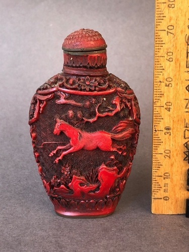 Vintage Chinese Red Cinnabar Snuff Bottle Depicting Horses with Embossed Signature to Brass Base