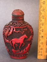 Vintage Chinese Red Cinnabar Snuff Bottle Depicting Horses with Embossed Signature to Brass Base - 2