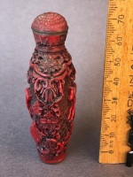 Vintage Chinese Red Cinnabar Snuff Bottle Depicting Horses with Embossed Signature to Brass Base - 3