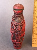 Vintage Chinese Red Cinnabar Snuff Bottle Depicting Horses with Embossed Signature to Brass Base - 4