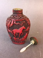 Vintage Chinese Red Cinnabar Snuff Bottle Depicting Horses with Embossed Signature to Brass Base - 6