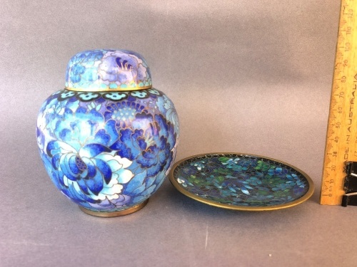 Vintage Chinese Blue Floral Cloisonne Ginger Jar + Pin Dish