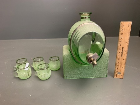 Vintage Frosted Green Glass Liquer Barrel on Stand with 5 Small Cups - No Lid